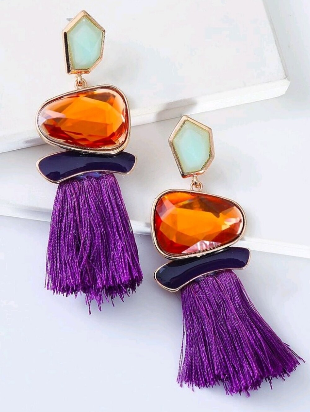 NEW! Statement Gold Purple Tassel Drop Earrings with Amber and Mint Accents